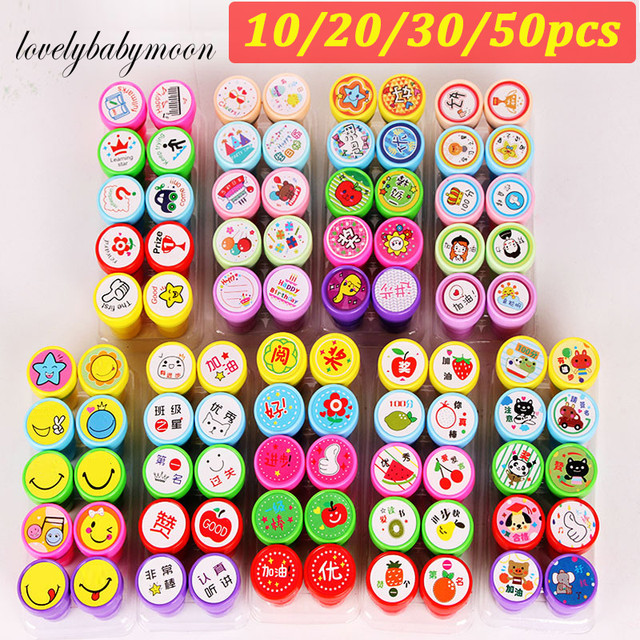 10-50pcs Round Multicolor Fun Stamps Cartoon Animals Fruits Traffic Child  DIY Scrapbook Kids Stamp Rubber